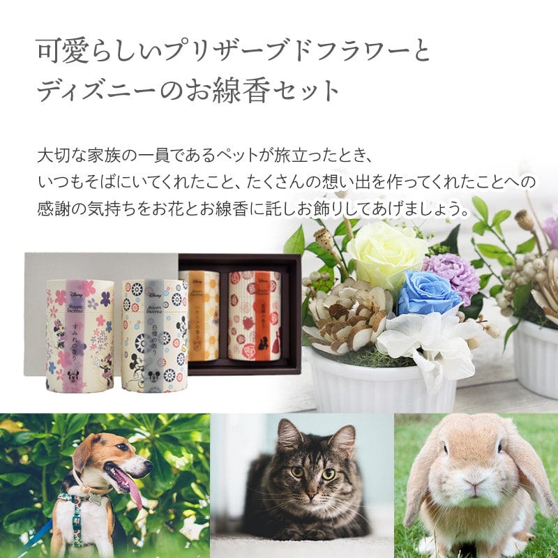 【全国配送可能・送料無料】  大切なペットに捧げるアレンジギフトセット - 選べるお花とお線香（ディズニー） - （プリザーブドフラワー）